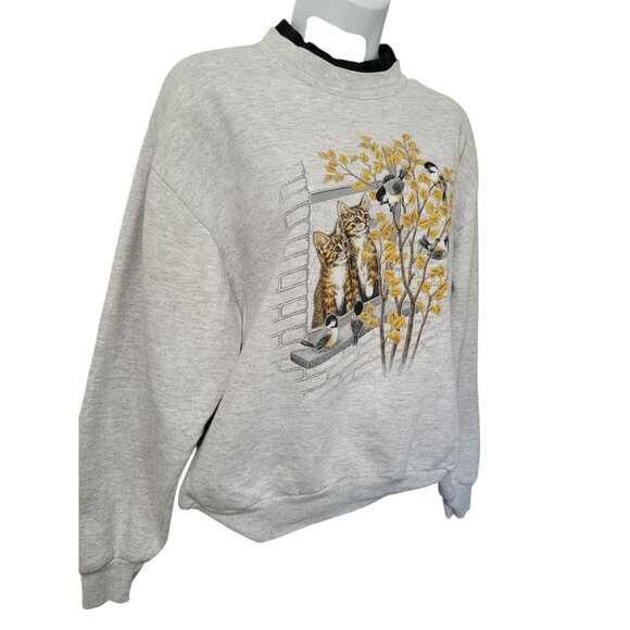 Vtg 90s Kitty Cat Double Crewneck Sweatshirt Medium Grandma Core Cats Birds USA - Picture 11 of 15